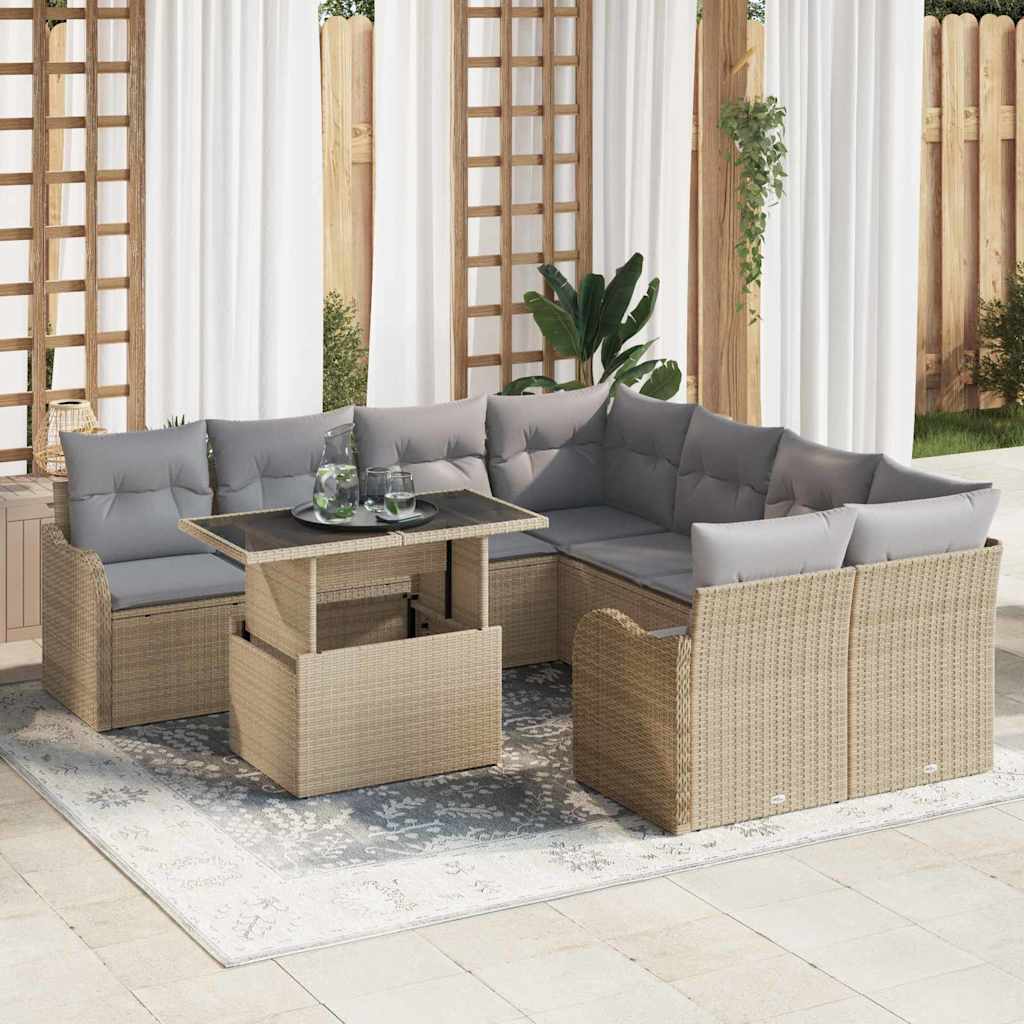 Gartensofa-set 9 Stk. 8-Sitzanzahl Beige Polyrattan