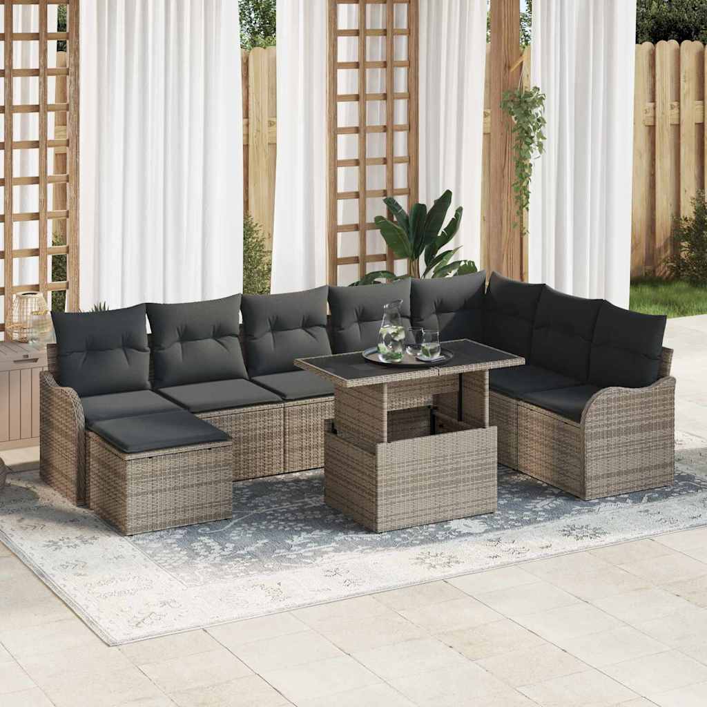 Gartensofa-set 9 stk. Grau [Synthetisch]: Poly Rattan