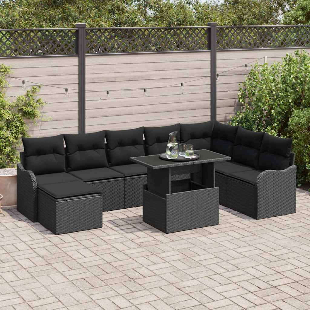Gartensofa-set 9 stk. Schwarz [Synthetisch]: Poly Rattan