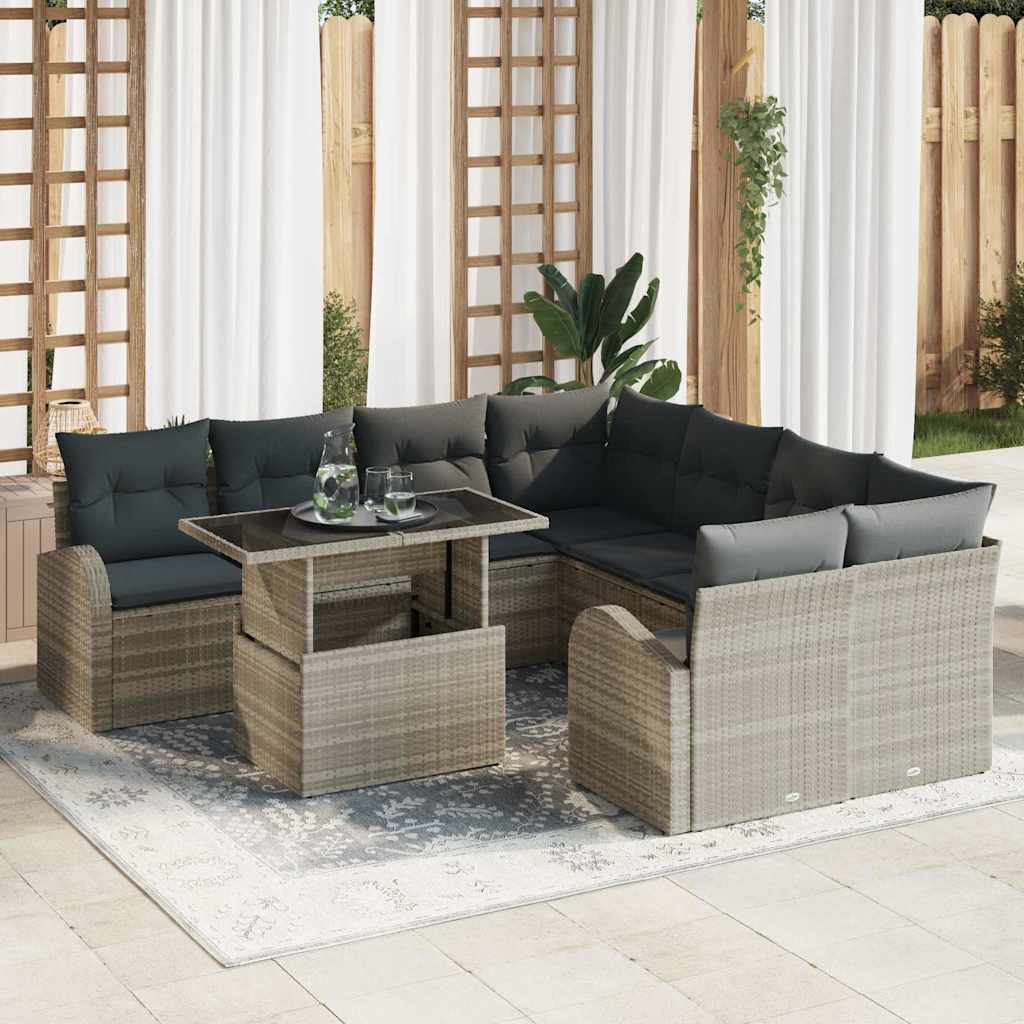 Garten-Sofa-Set 9 Stk. Hellgrau Poly Rattan