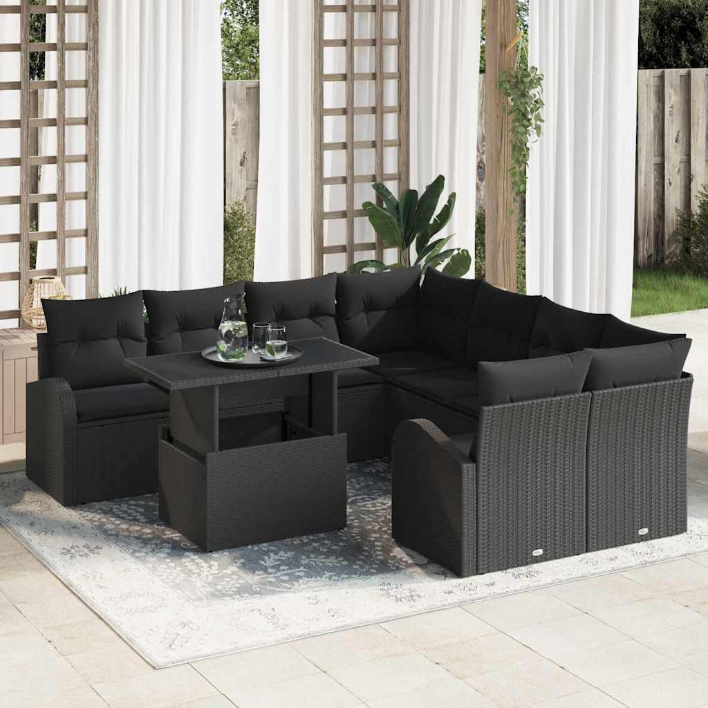 Garten-Sofa-Set 9 Stk. Schwarz Poly Rattan