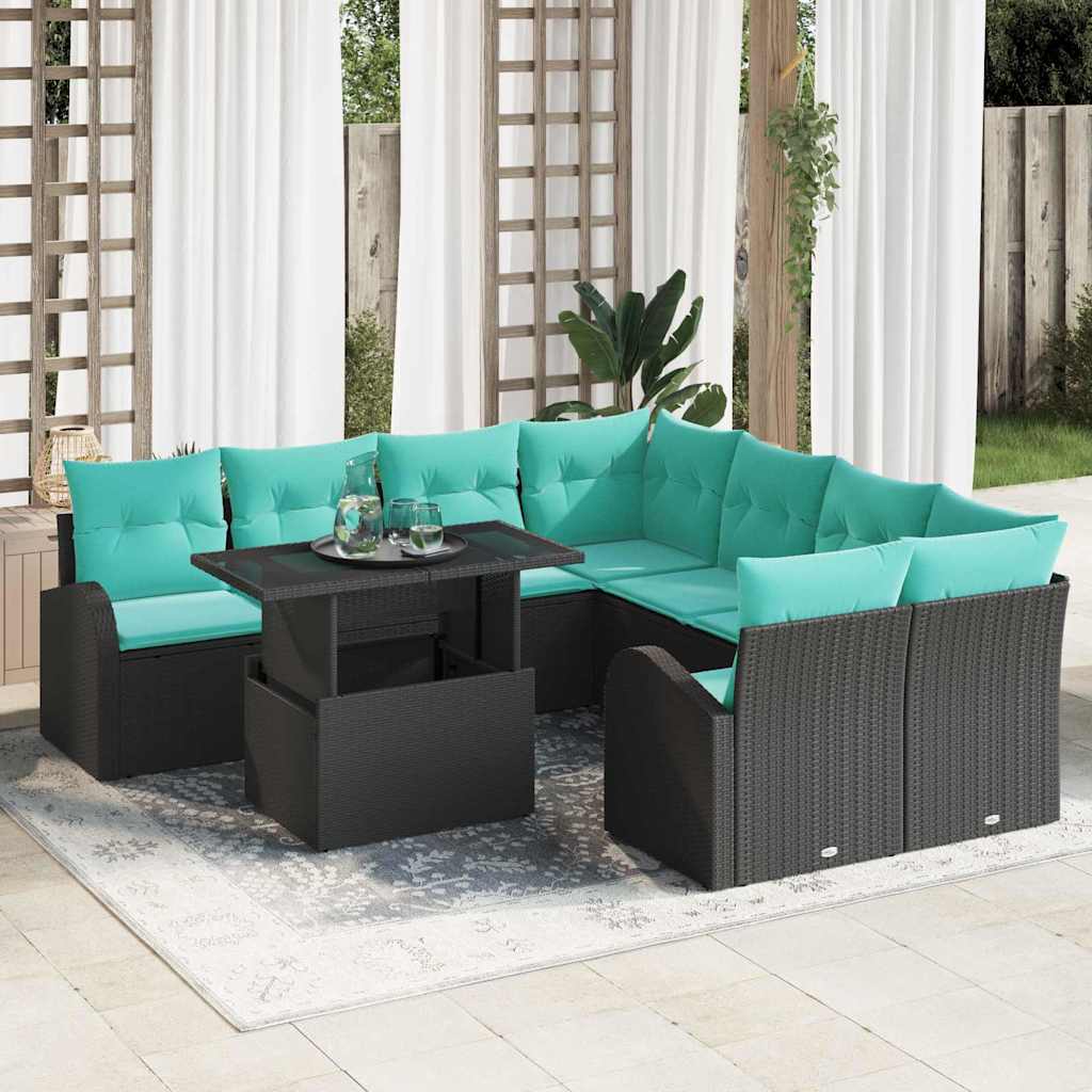Garten-Sofa-Set 9 stk. Schwarz Poly Rattan