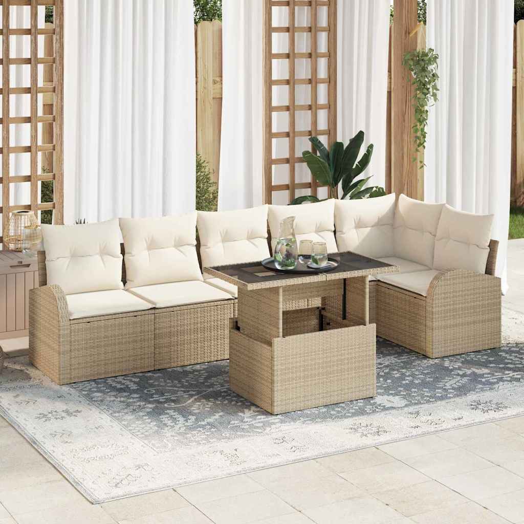 Gartensofa-set 7 Stk. 6-Sitzanzahl Beige Poly Rattan