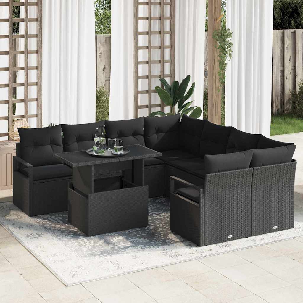Gartensofa-set 9 stk. Schwarz Poly Rattan