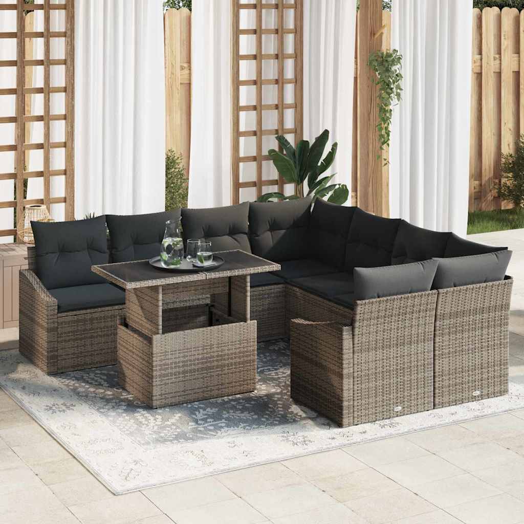 Garten-Sofa-Set 9 stk. Grau Poly-Rattan