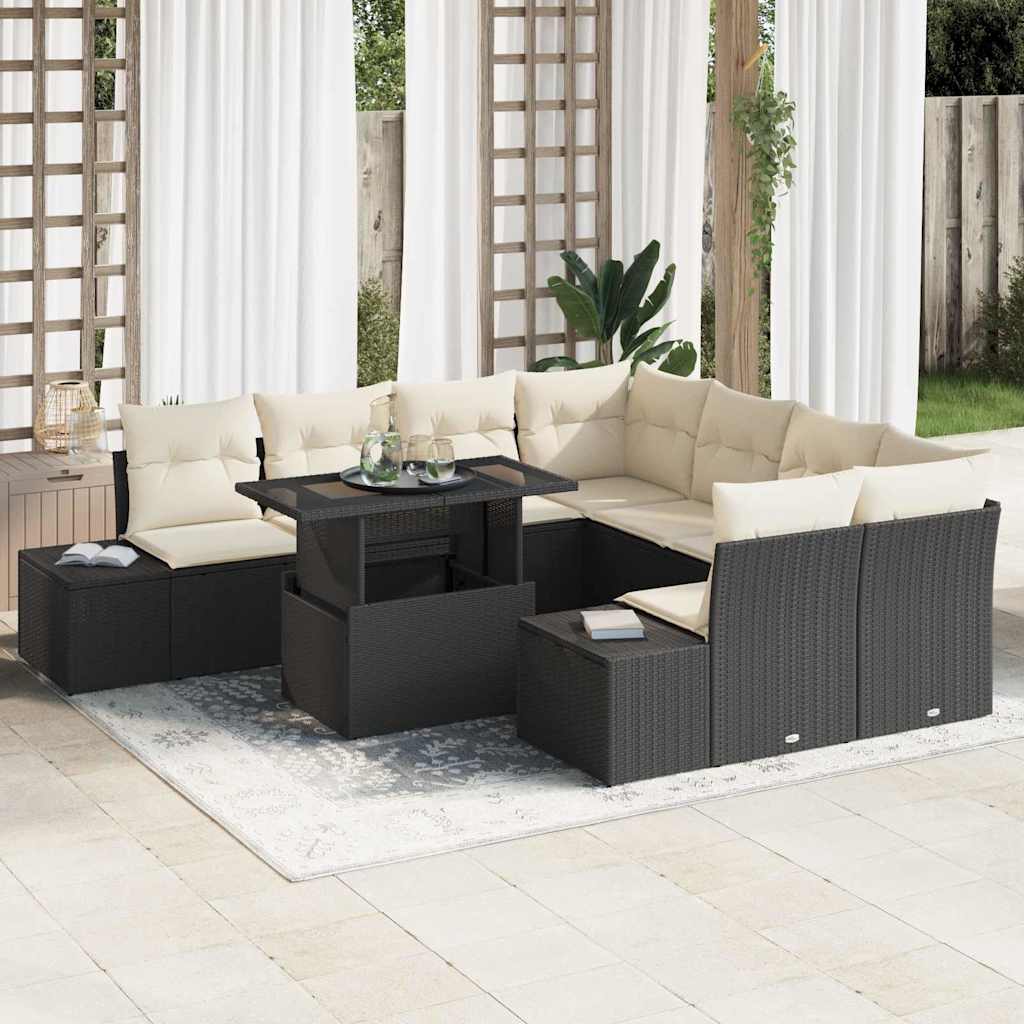 Gartensofa-set 9 stk. Schwarz und Creme Poly-Rattan
