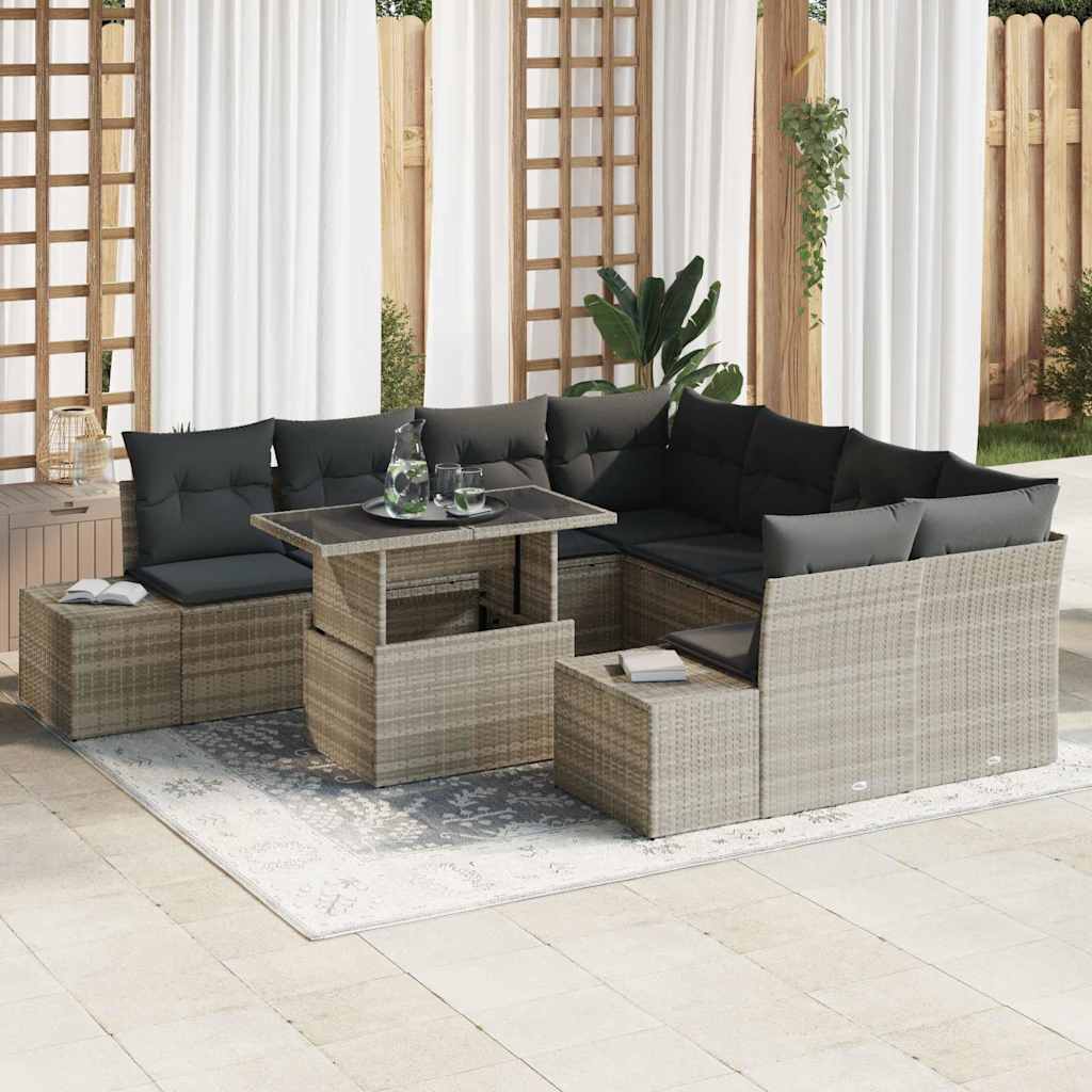 Gartensofa-set 9 stk. Hellgrau und Dunkelgrau Poly-Rattan