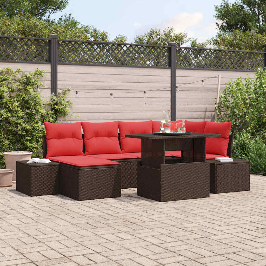 Gartensofa-set 7 stk. Braun und Rot Poly-Rattan