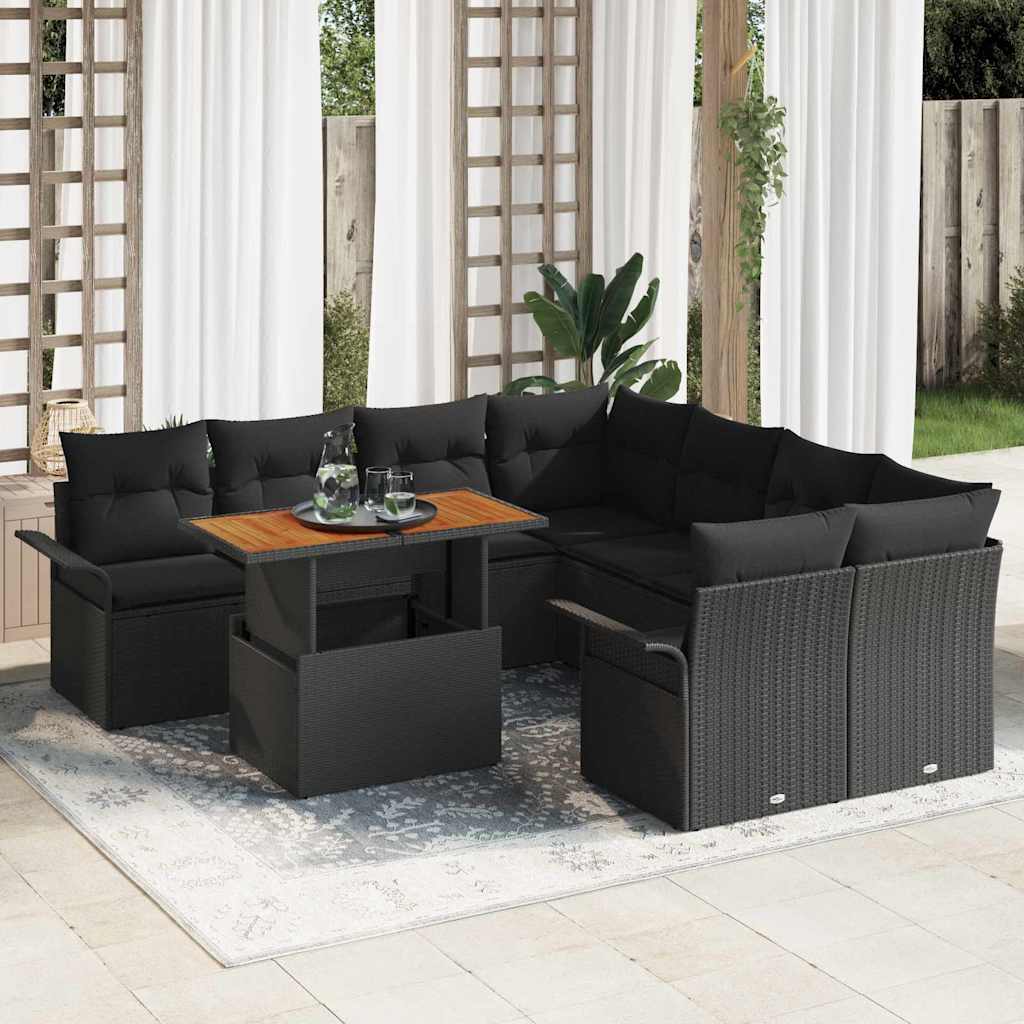 Garten-Sofa-Set 9 stk. Schwarz Poly Rattan