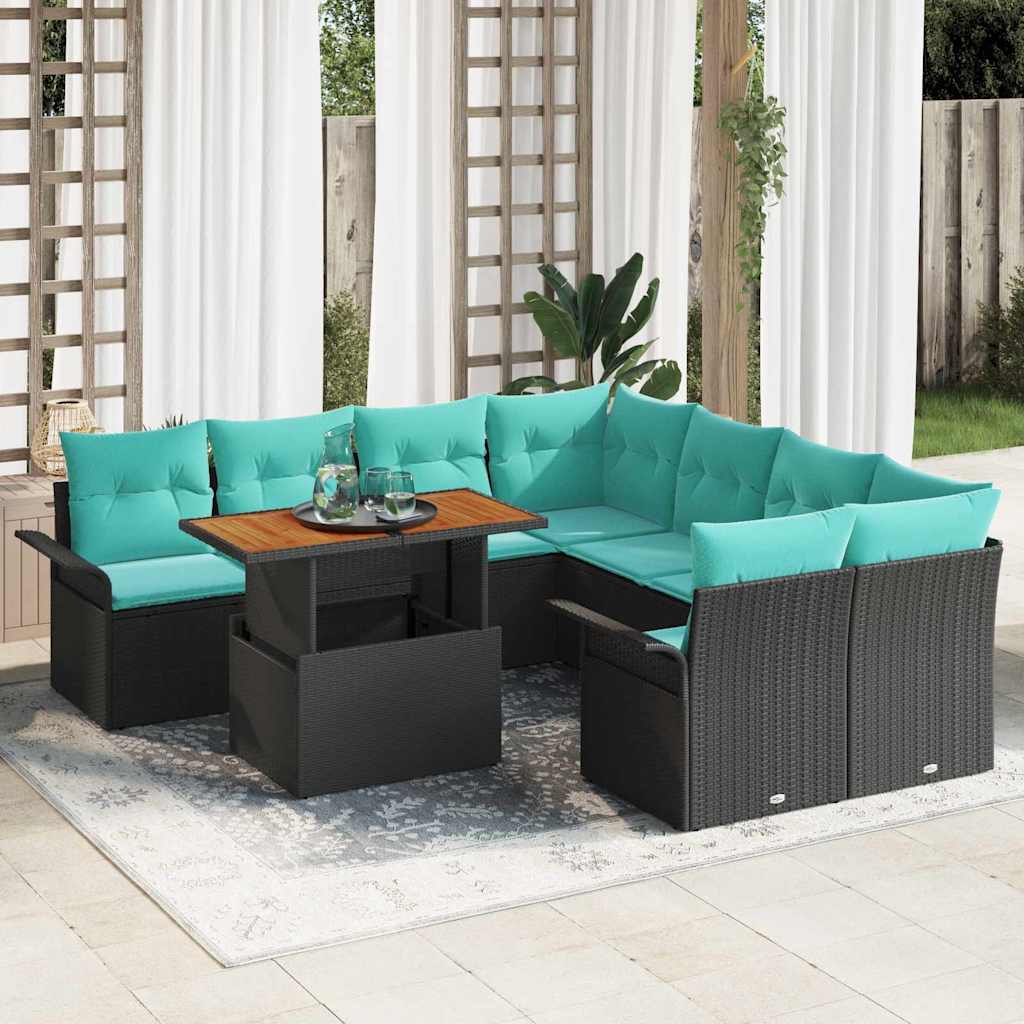 Garten-Sofa-Set 9 stk. Schwarz Poly Rattan