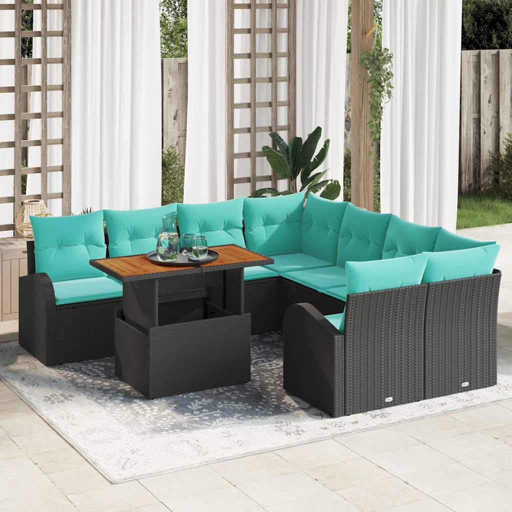 Garten-Sofa-Set 9 stk. Schwarz Poly Rattan