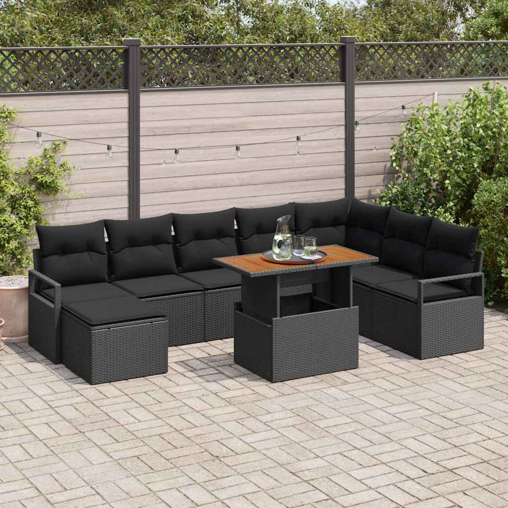 Garten-Sofa-Set 9 stk. Schwarz Poly Rattan