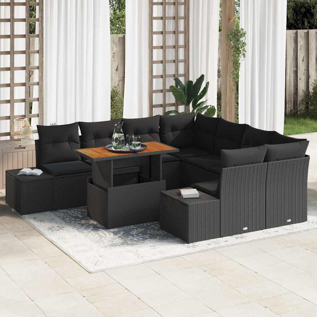 Garten-Sofa-Set 9 stk. Schwarz Poly Rattan