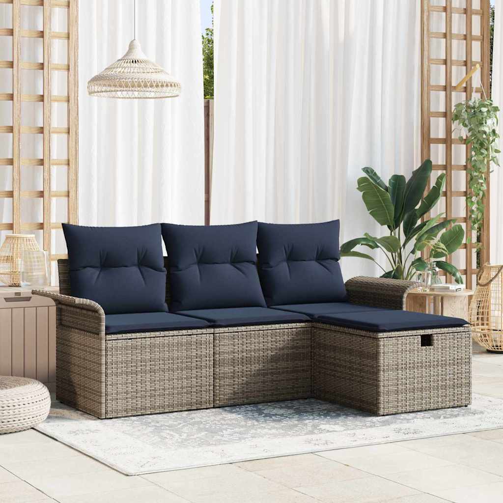 Gartensofa-set 4 stk. Grau und Marineblau Poly-Rattan