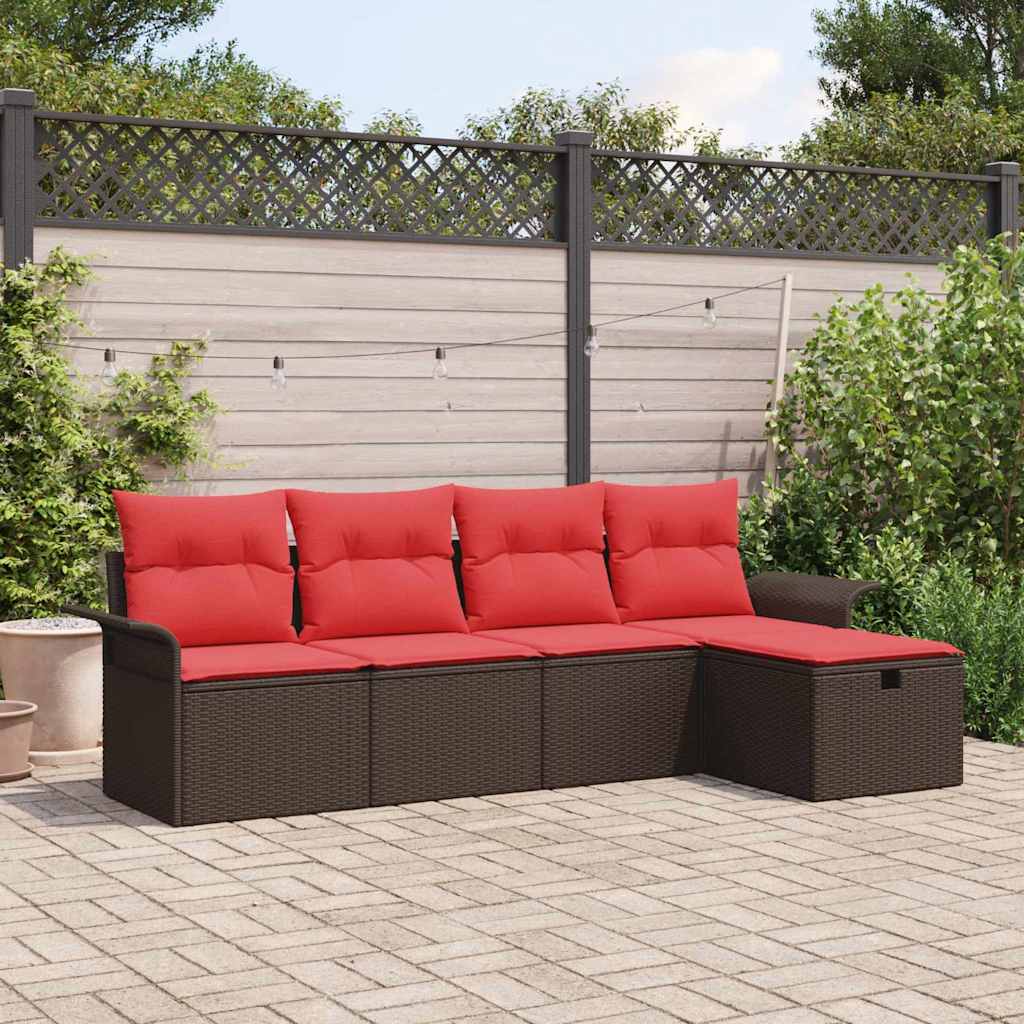 Gartensofa-set 5 stk. Braun und Rot Poly-Rattan