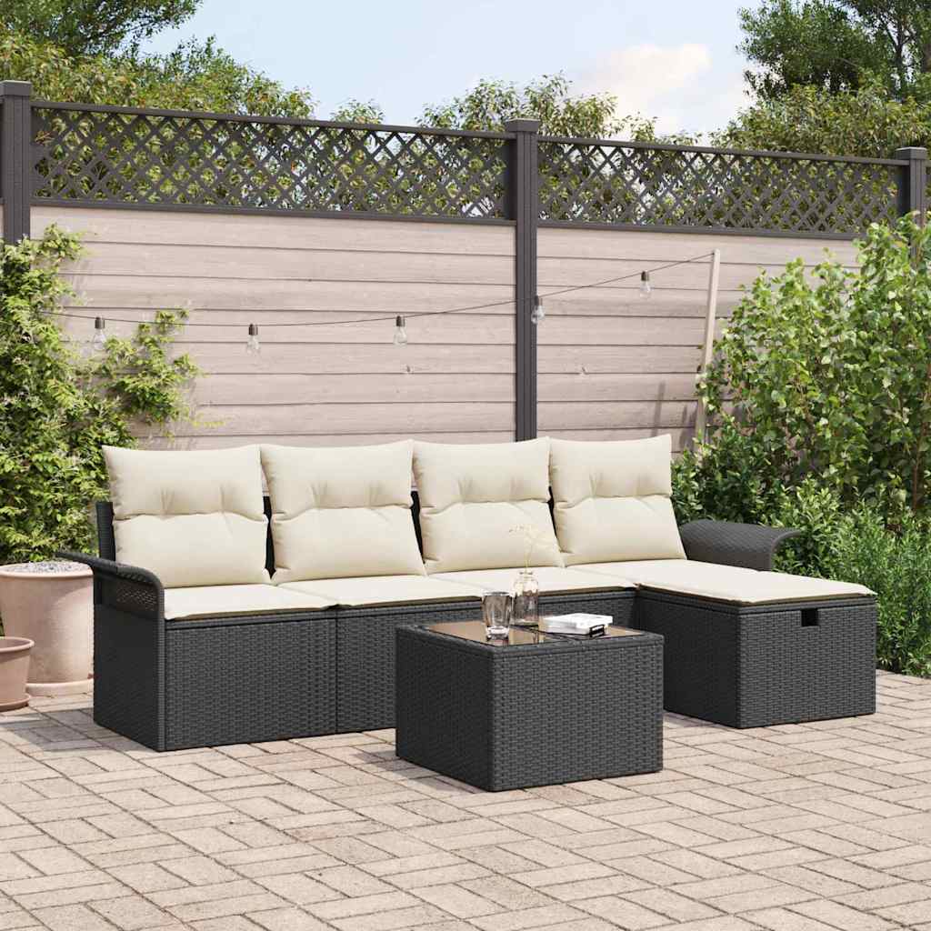 Gartensofa-set 6 stk. Schwarz und Creme Poly-Rattan