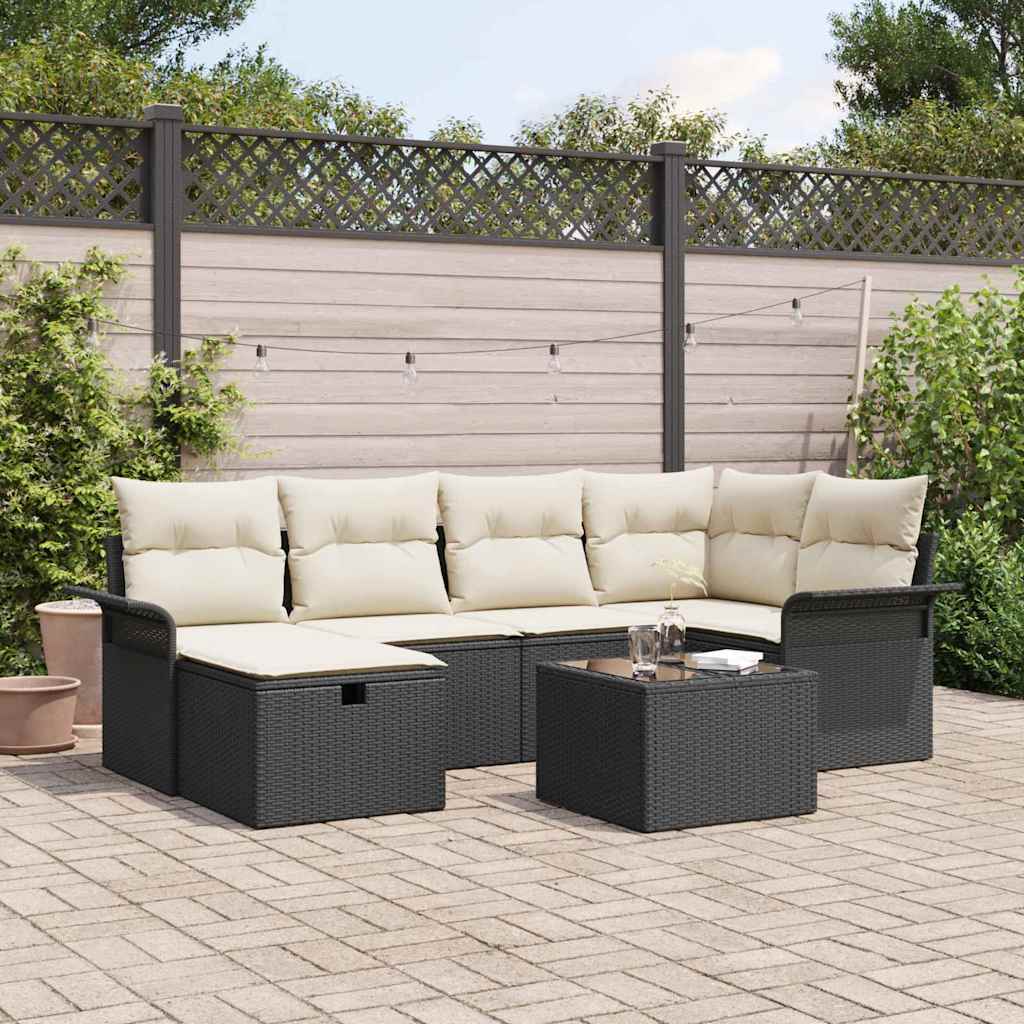 Gartensofa-set 7 stk. Schwarz und Creme Poly-Rattan