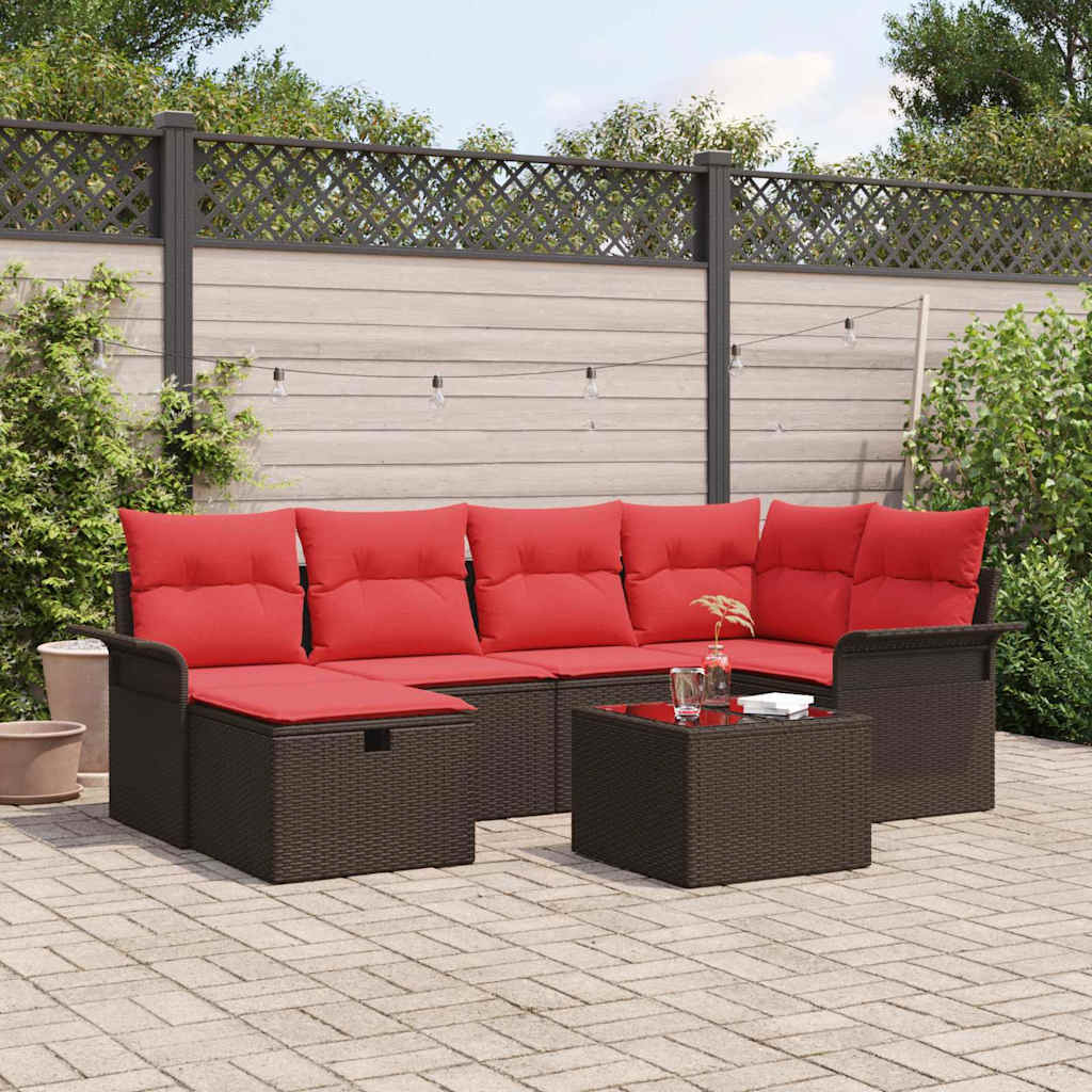 Gartensofa-set 7 Stk. Braun und Rot Poly-Rattan