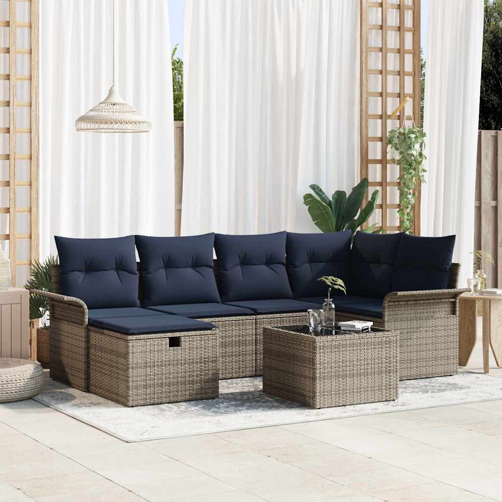 Gartensofa-set 7 Stk. Grau und Marineblau Poly-Rattan