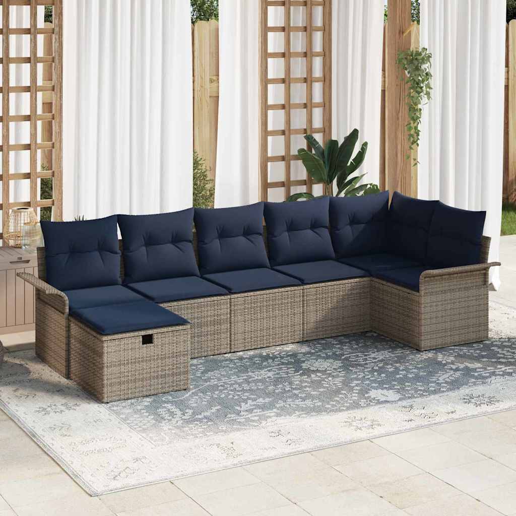 Gartensofa-set 7 Stk. Grau und Marineblau Poly-Rattan