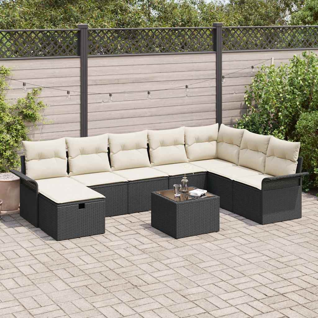 Gartensofa-set 9 stk. Schwarz und Creme Poly-Rattan