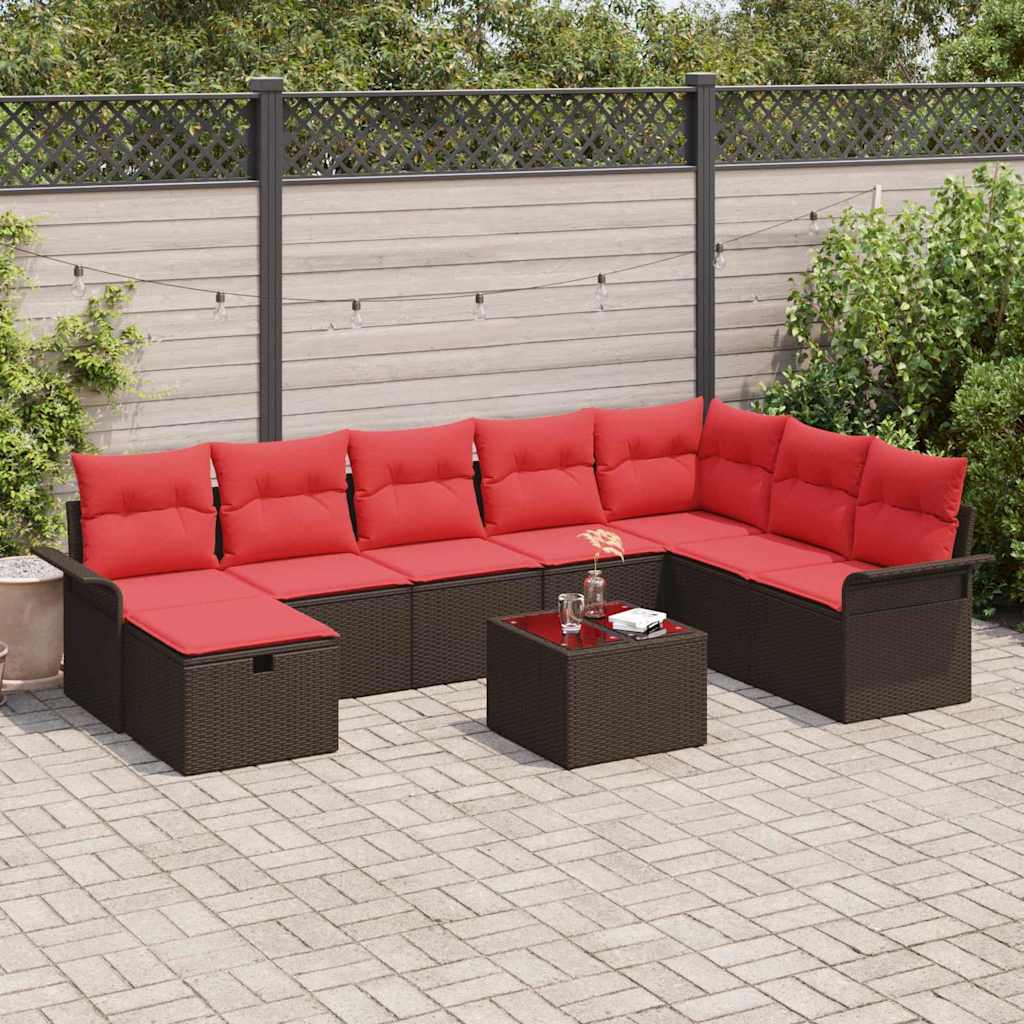 Gartensofa-set 9 Stk. Braun und Rot Poly-Rattan