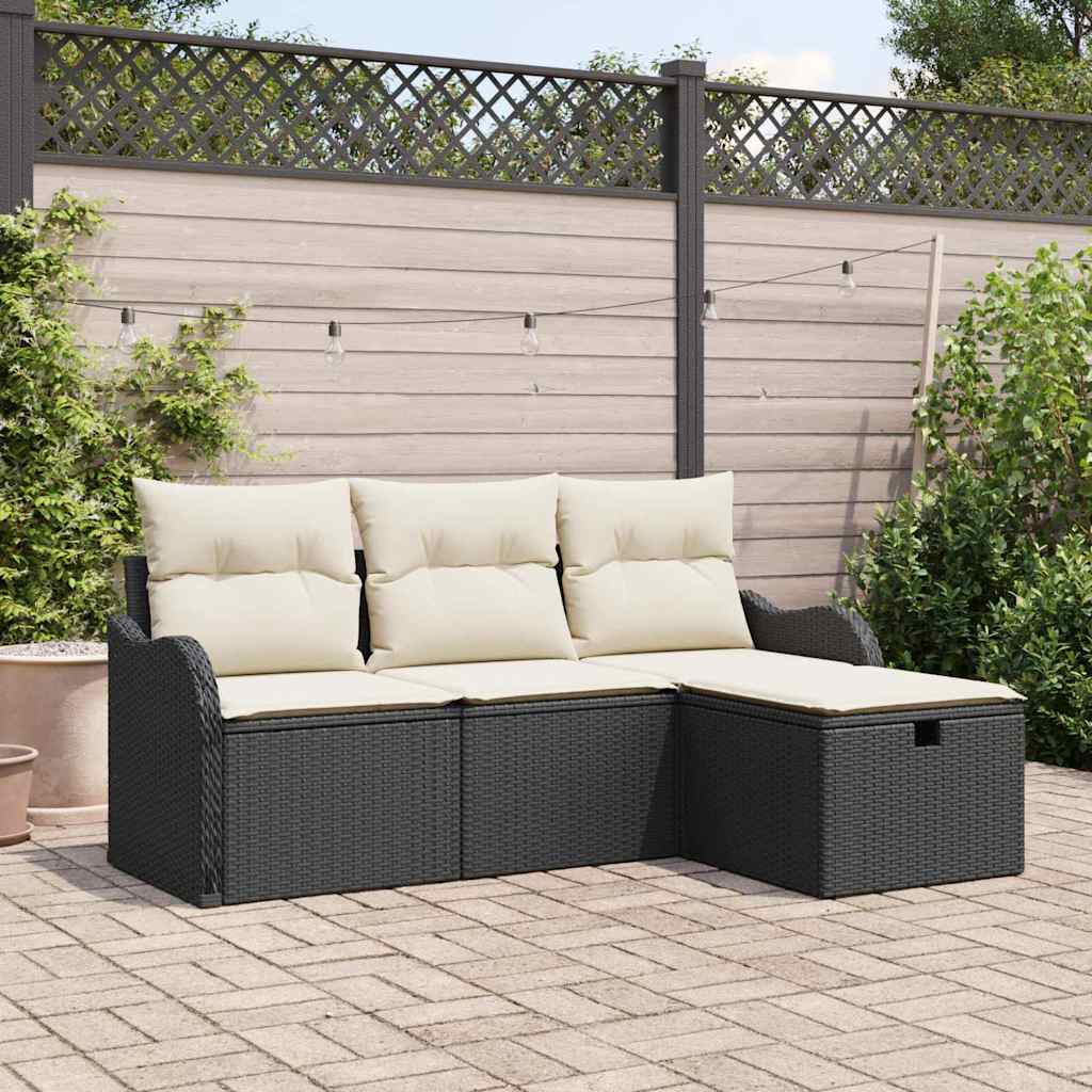 Gartensofa-set 4 Stk. Schwarz und Creme Poly-Rattan