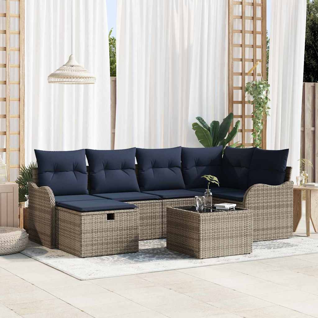 Gartensofa-set 7 stk. Grau und Marineblau Poly-Rattan