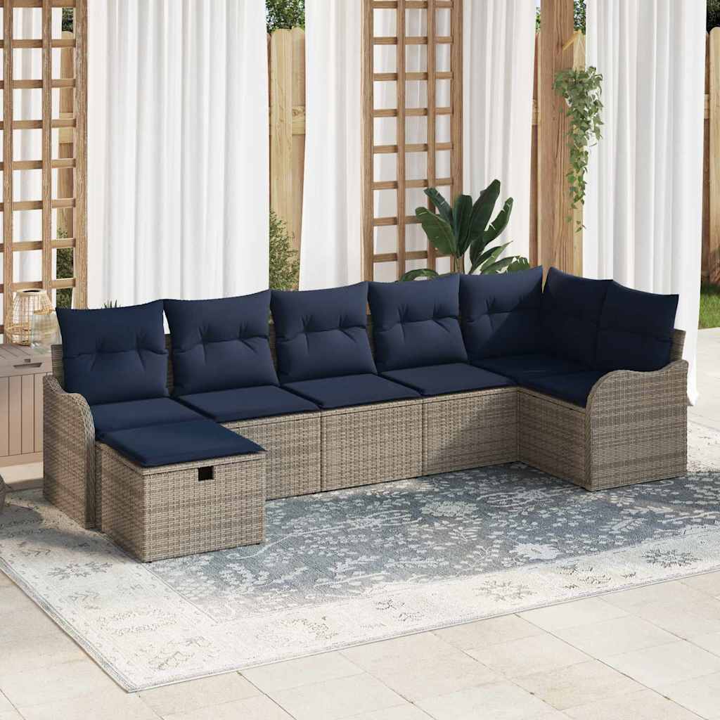 Sofa Set mit Kissen Grau und Marineblau Poly-Rattan