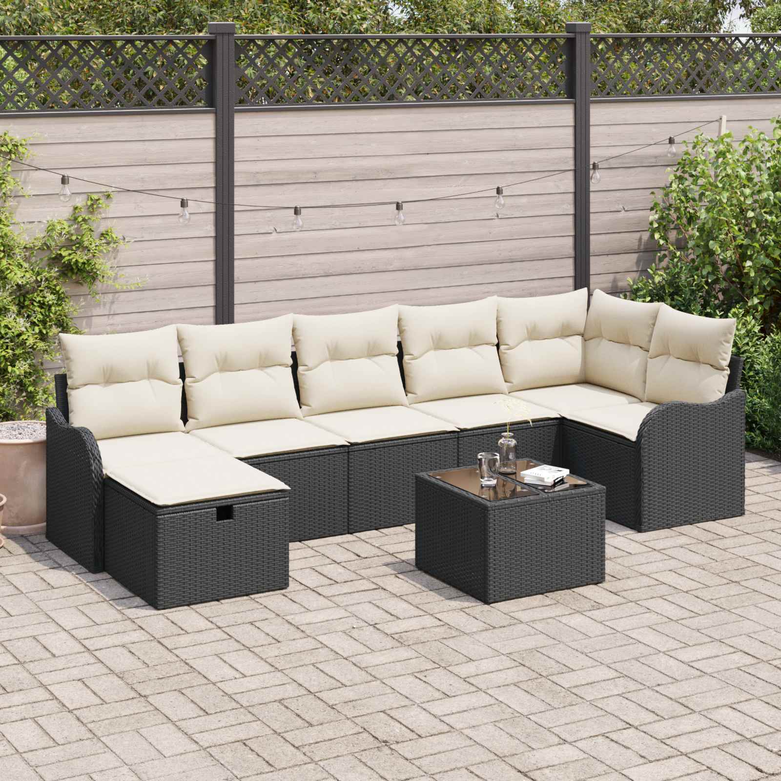 Sofa Set 8 Stk. 7-Sitzanzahl Schwarz und Creme Poly-Rattan
