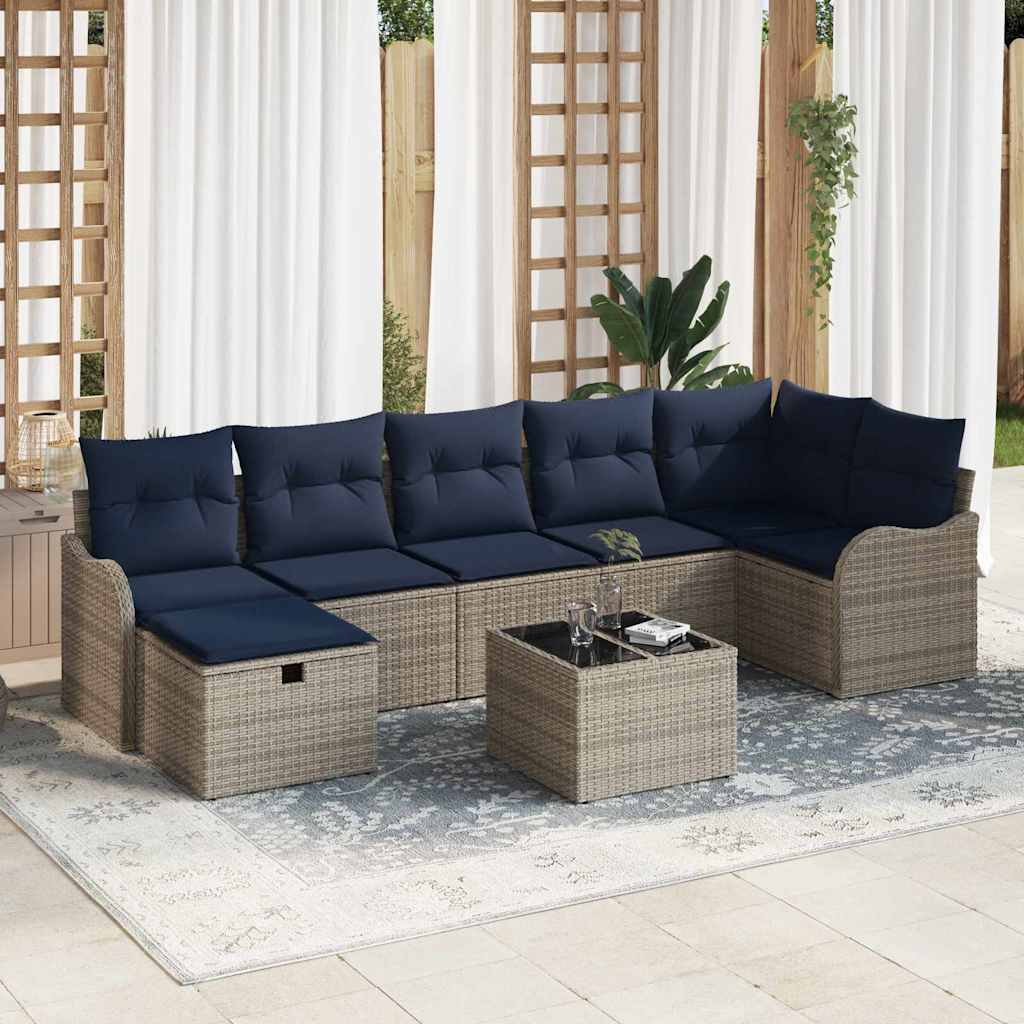 Sofa Set mit Kissen Grau und Marineblau Poly-Rattan