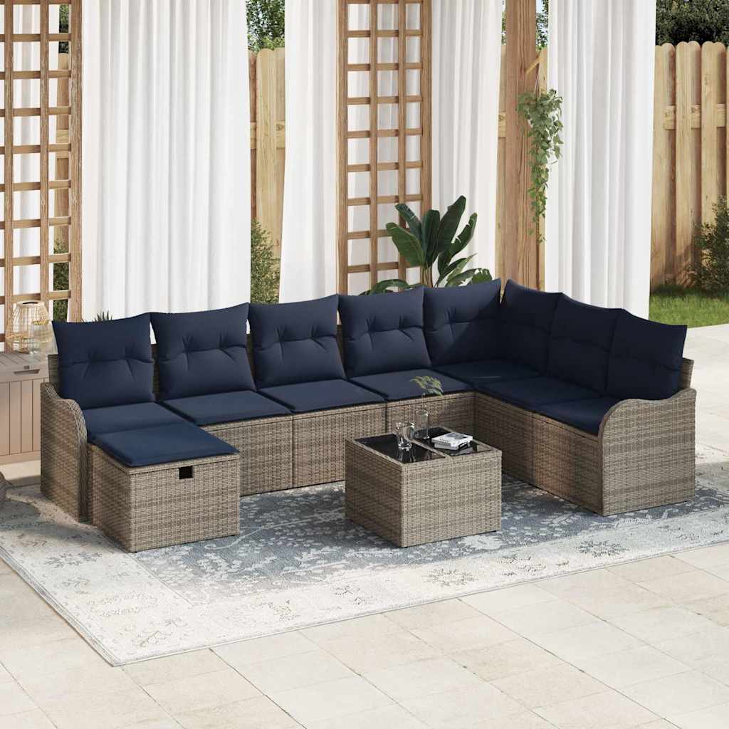 Sofa Set 9 stk. 8-Sitzanzahl Grau und Marineblau Poly-Rattan