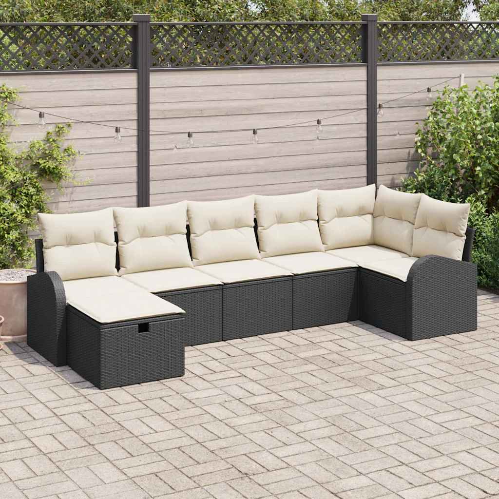 Sofa Set 7 stk. Schwarz und Creme Poly-Rattan