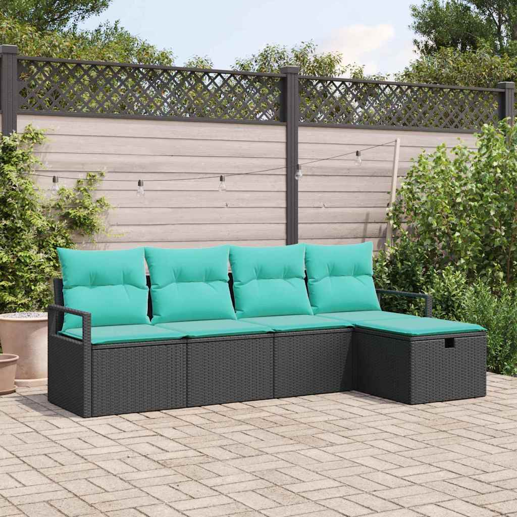 Sofa Set 5 Stk. 5-Sitzanzahl Schwarz und Türkis Poly-Rattan