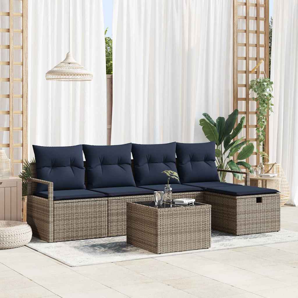 Sofa Set 6 Stk. Grau und Marineblau Poly-Rattan