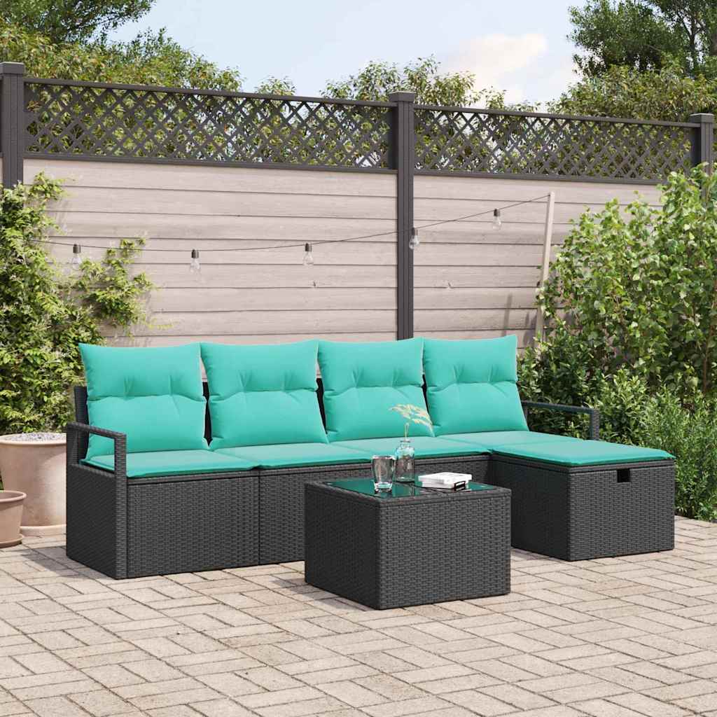 Sofa Set 6 Stk. 5-Sitzanzahl Schwarz und Türkis Poly-Rattan