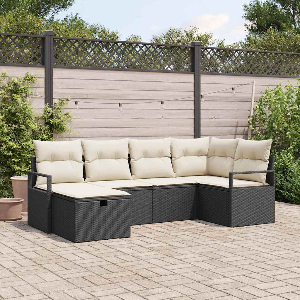 Sofa Set 6 Stk. Schwarz und Creme Poly-Rattan