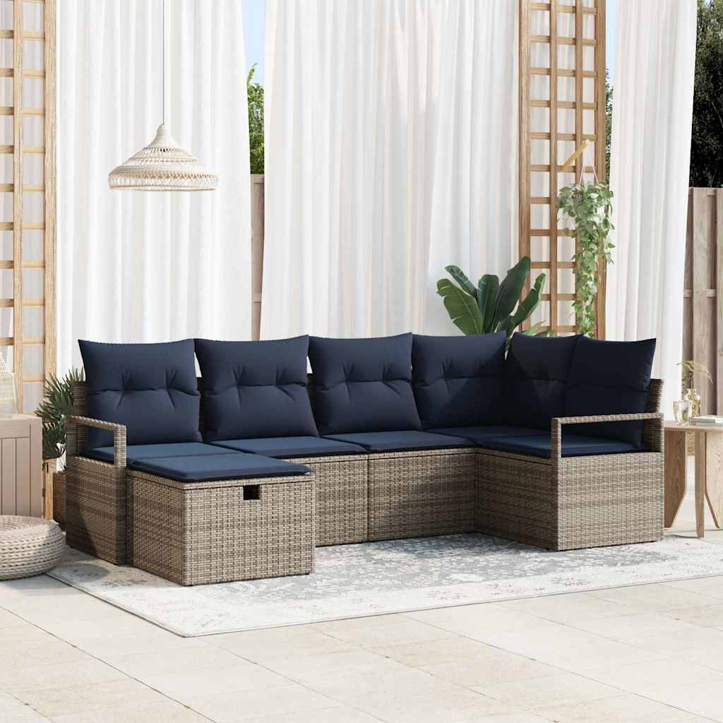Sofa Set 6 Stk. Grau und Marineblau Poly-Rattan