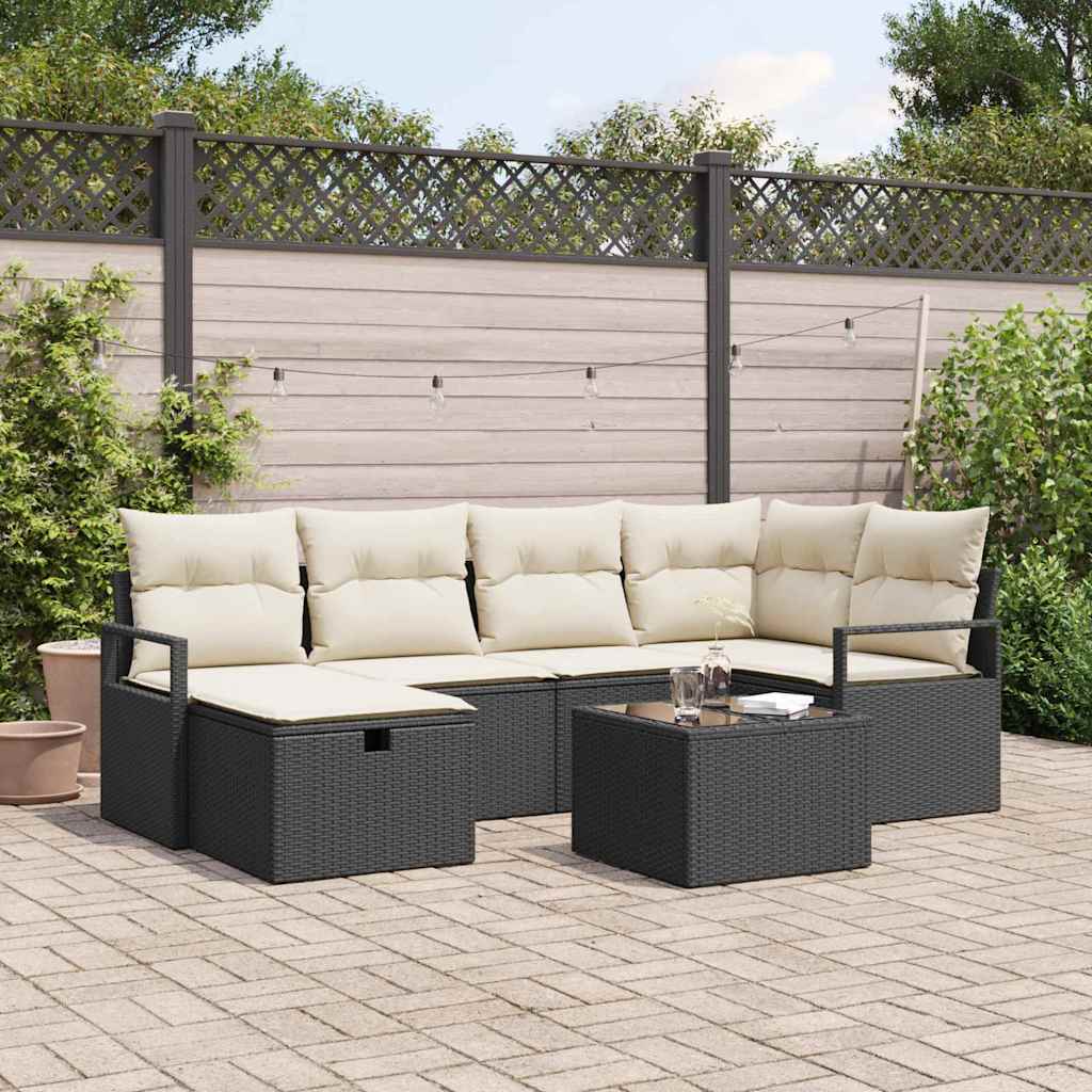 Sofa Set 7 Stk. 6-Sitzanzahl Schwarz und Creme Poly-Rattan