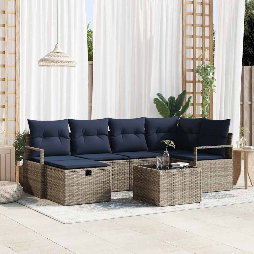 Sofa Set 7 Stk. Grau und Marineblau Poly-Rattan