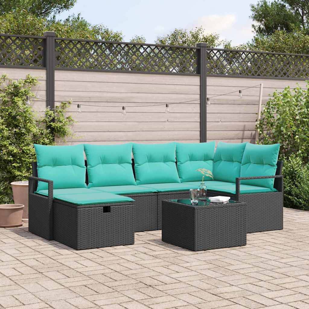 Sofa Set 7 Stk. 6-Sitzanzahl Schwarz und Türkis Poly-Rattan