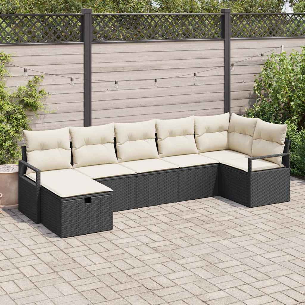 Sofa Set 7 stk. Schwarz und Creme Poly-Rattan