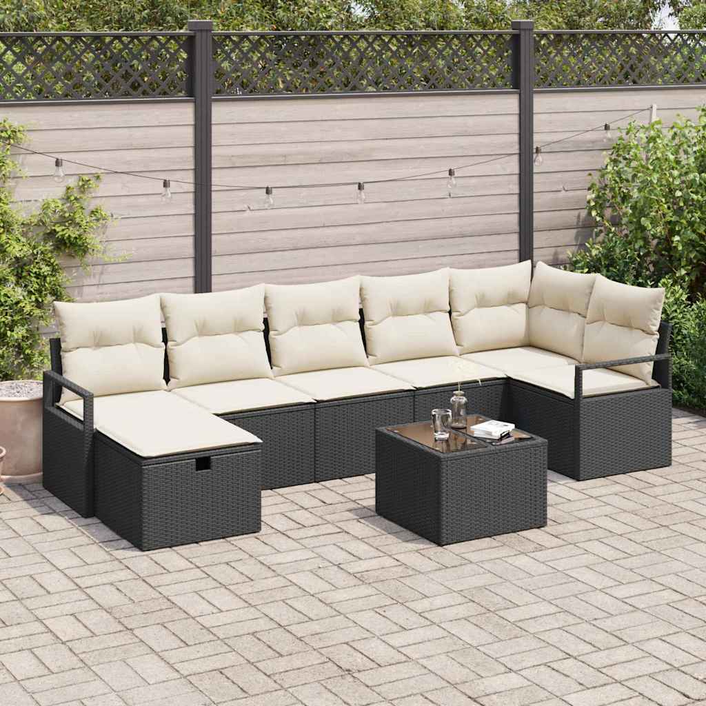 Sofa Set 8 stk. 7-Sitzanzahl Schwarz und Creme Poly-Rattan