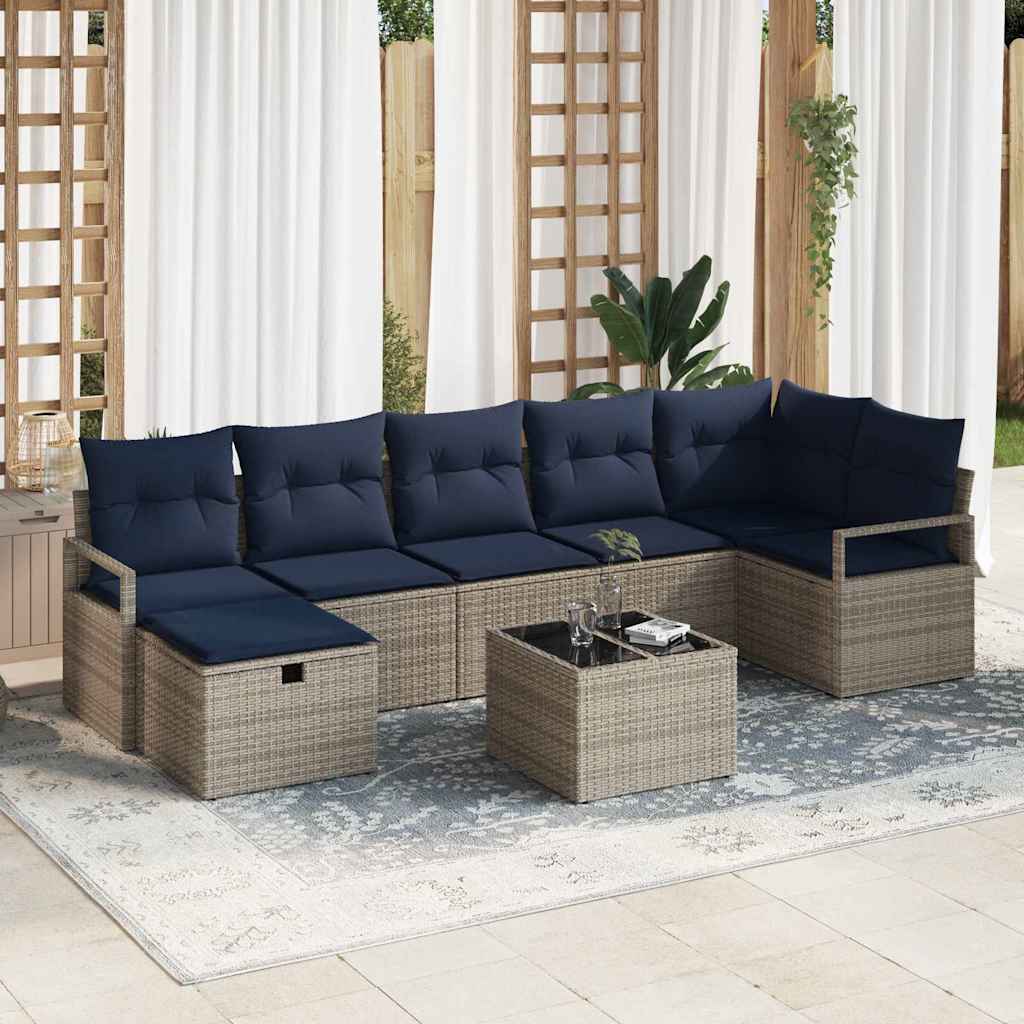 Sofa Set 8 stk. 7-Sitzanzahl Grau und Marineblau Poly-Rattan