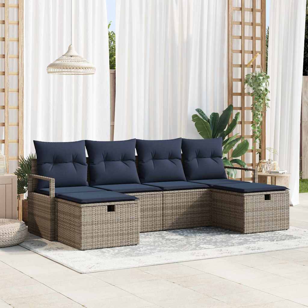 Sofa Set 6 Stk. 6-Sitzanzahl Grau und Marineblau Poly-Rattan
