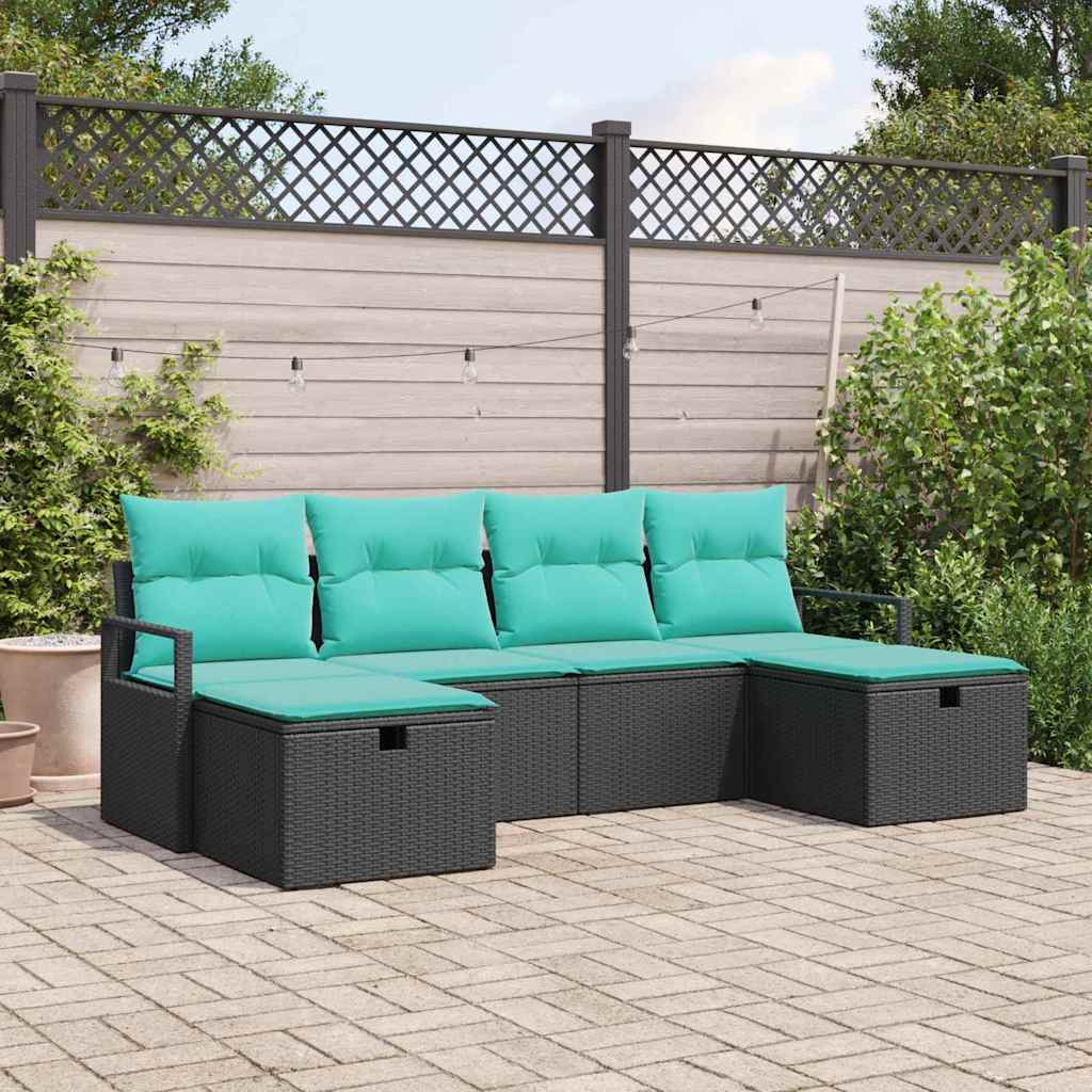 Sofa Set 6 Stk. 6-Sitzanzahl Schwarz und Türkis Poly-Rattan