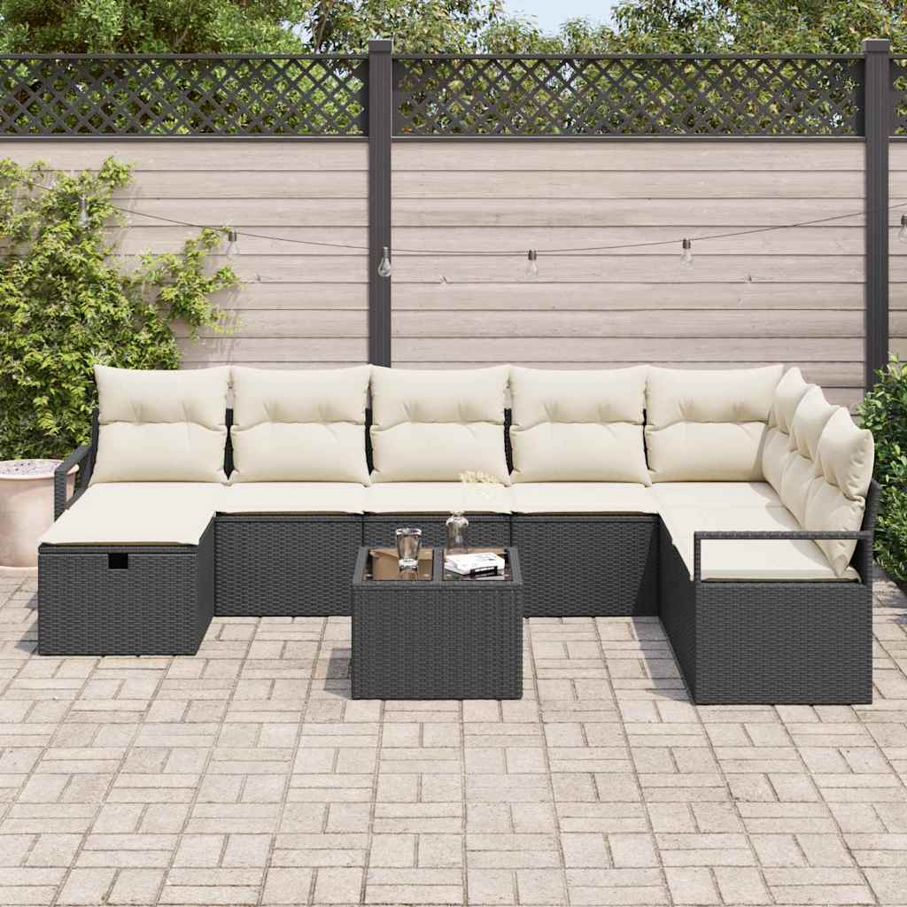 Sofa Set 9 stk. 8-Sitzanzahl Schwarz und Creme Poly-Rattan