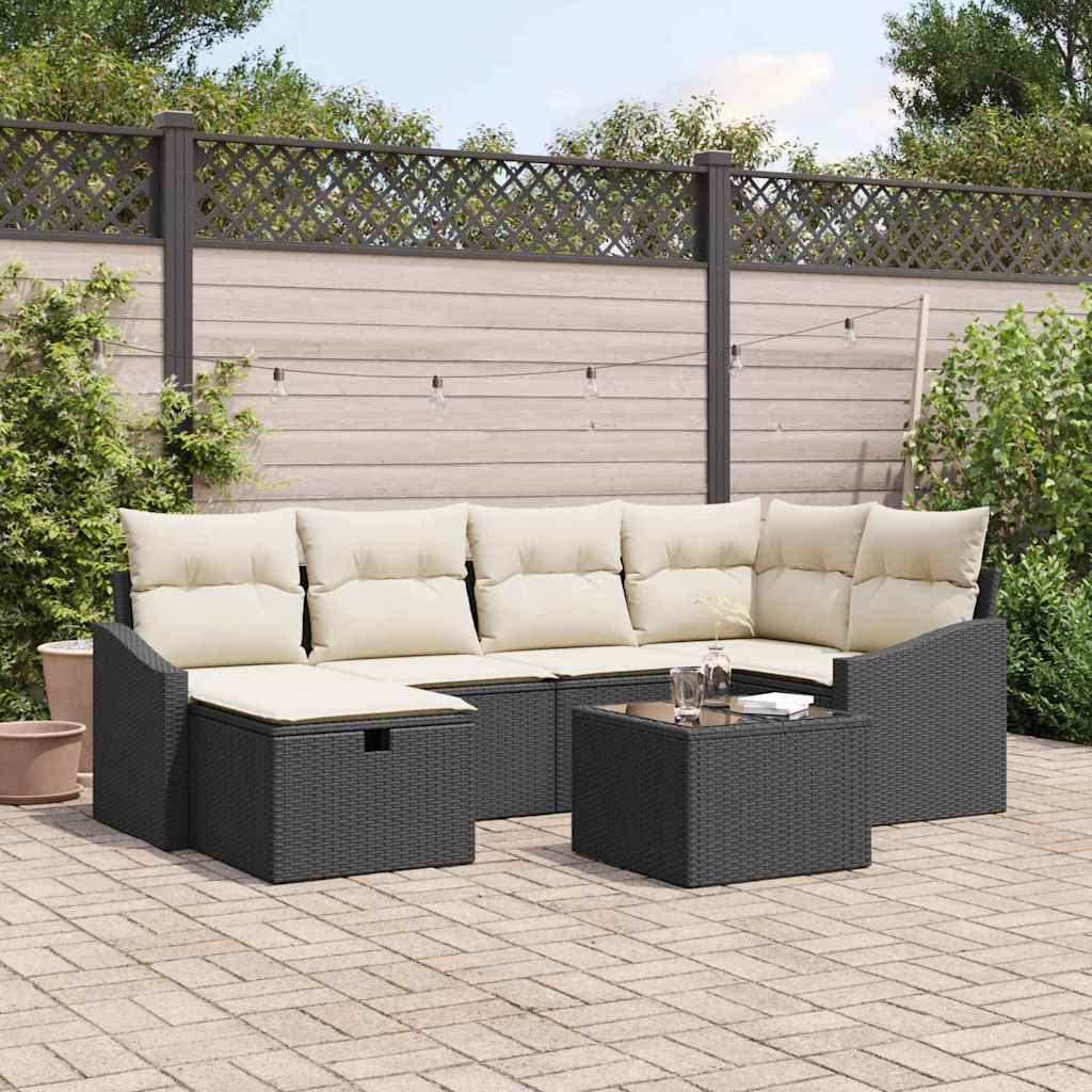 Sofa Set mit Kissen mit Speicher Schwarz und Creme Poly-Rattan