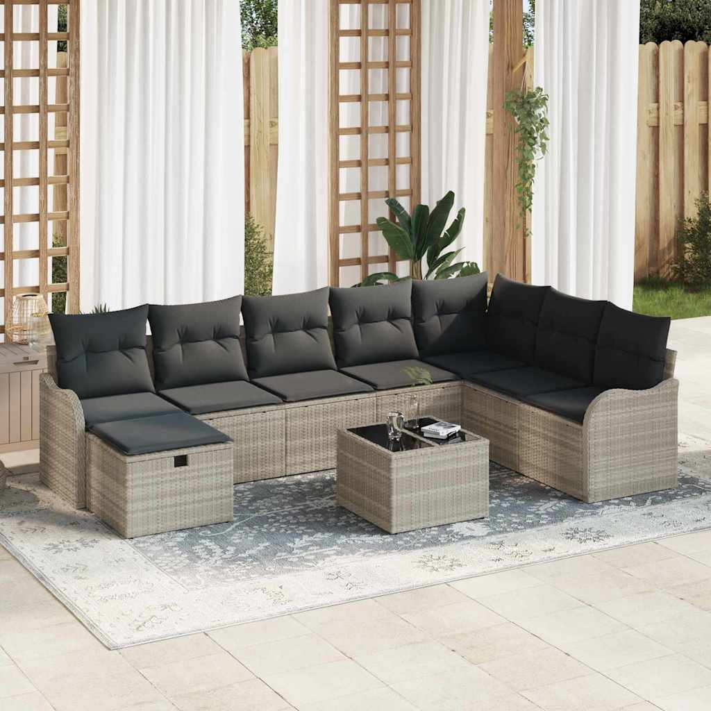 Gartensofa-set 9 stk. Hellgrau Poly-Rattan