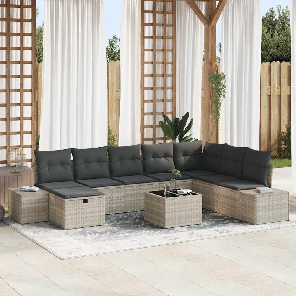 Gartensofa-set 9 stk. Hellgrau Poly-Rattan